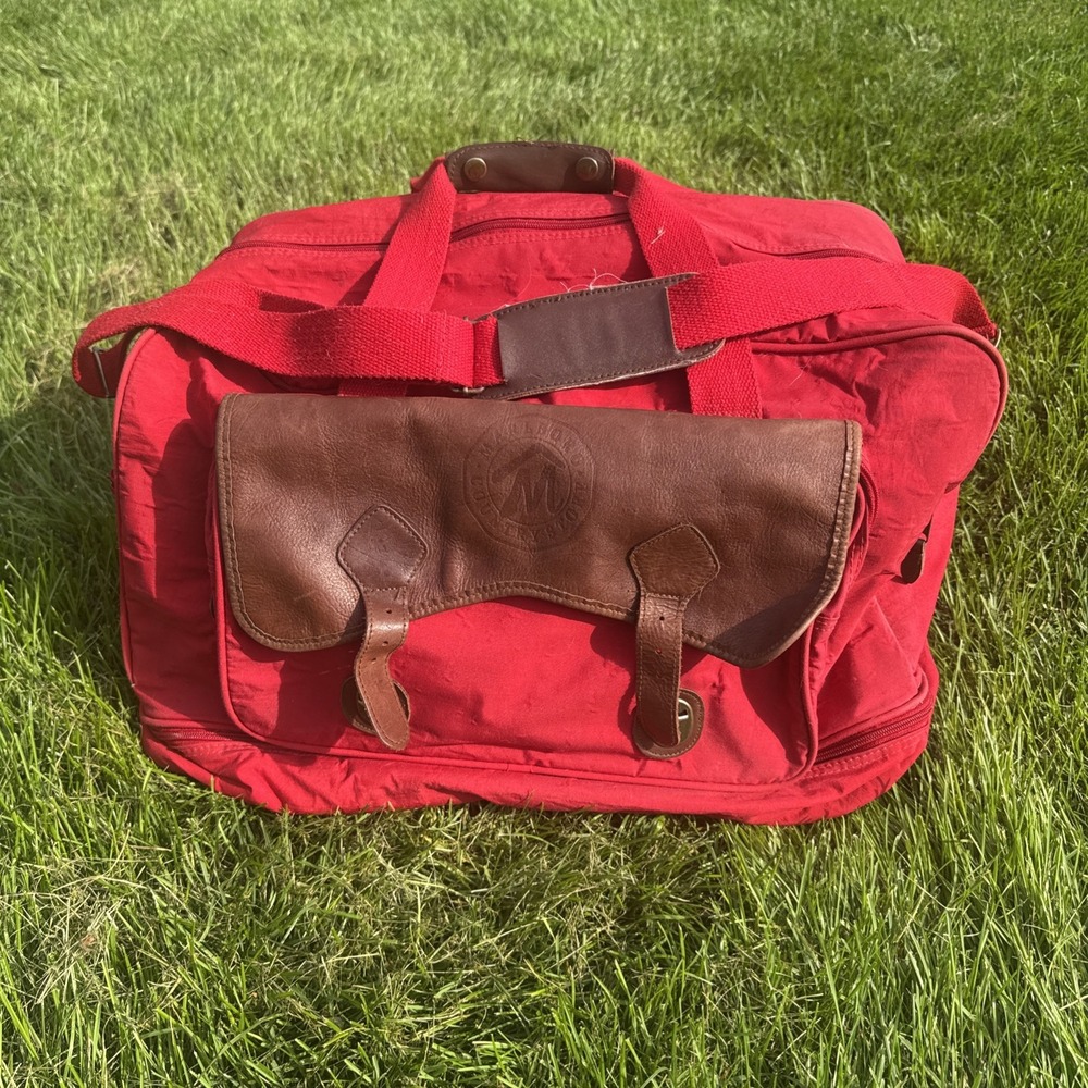 Vintage Marlboro Country Store Travel Duffle Bag Red Leather Straps Plaid Lined